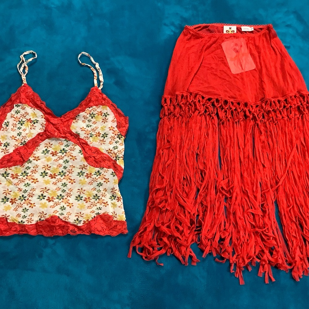 Vintage Mary Green San Francisco silk fringe skirt nylon lace cami